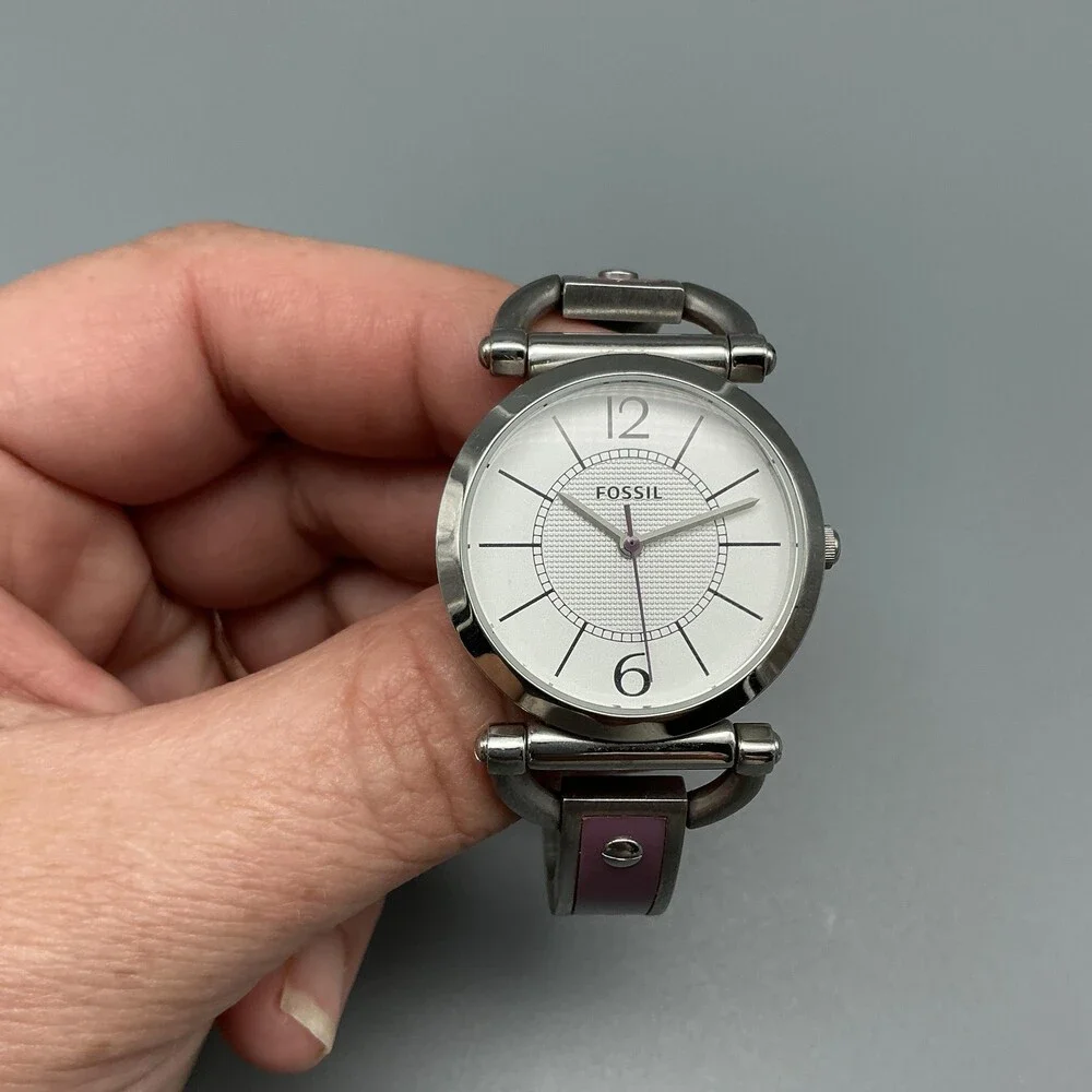 Fossil ES-2472 Womens Watch 30mm Silver Tone Purple Inlay Stainless New Battery